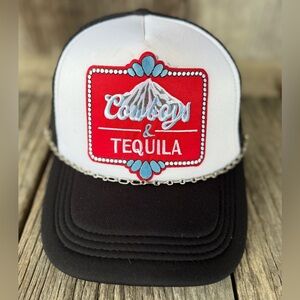 Western Black Trucker Hat Cowboys & Tequila Iron On Patch with Silver Hat chain